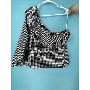 J CREW Black & White Gingham Check One Shoulder Ruffle Blouse Top Size 16